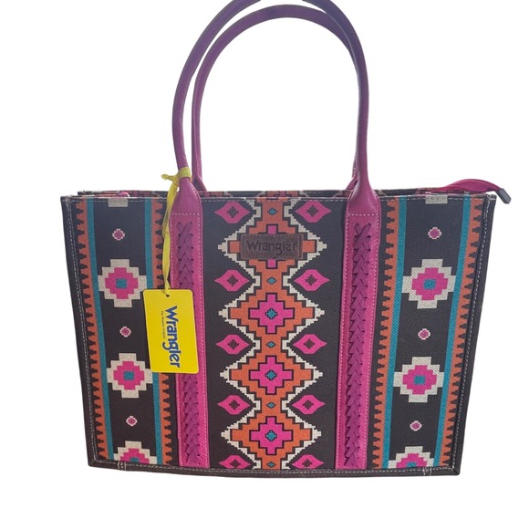 Wrangler Southwestern Print Hot Pink Canvas & PU Double Handle Tote Bag - Picture 1 of 12